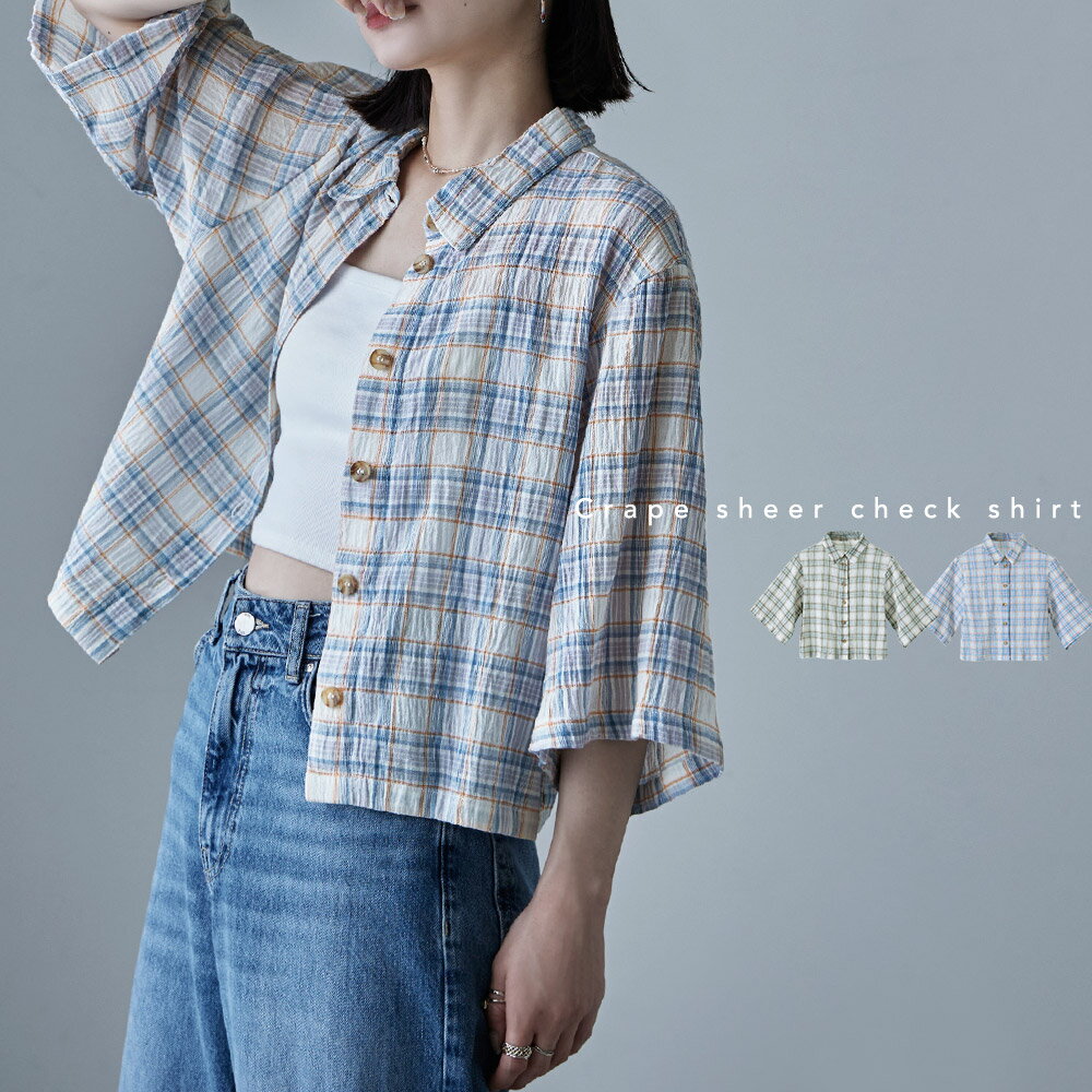クレープシアーショートチェックシャツ トップス シャツ ブラウス 半袖 五分袖 シアーシャツ チェックシャツ マドラスチェック チェック柄 楊柳 プリーツ シアー ショート丈 クロップド レギュラーカラー ビッグシルエットのサムネイル