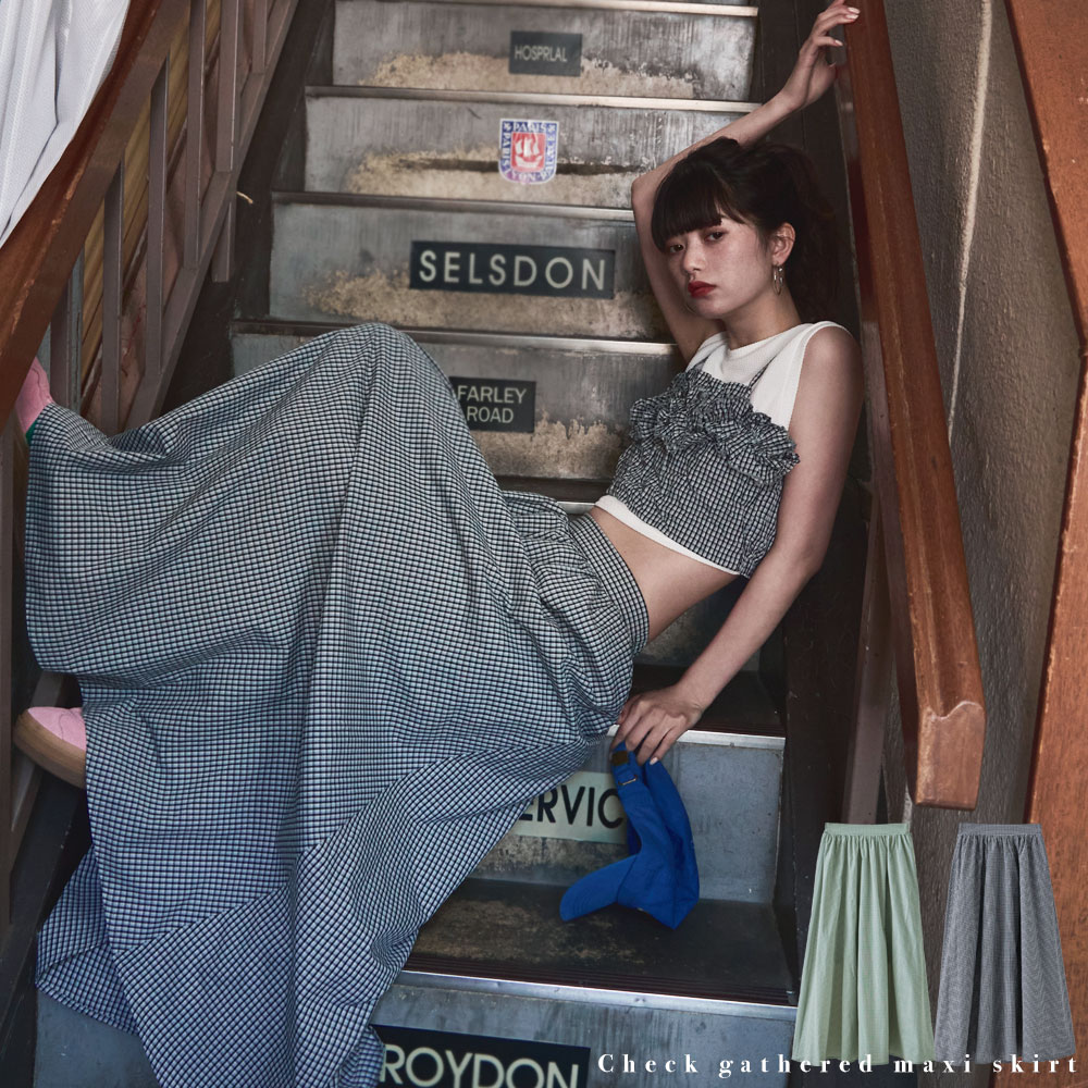 チェック柄ギャザーマキシスカート ボトムス スカート フレアスカート チェック柄 レディース ロングスカート チェックスカート ロング丈 マキシ丈 裏地付き セットアップのサムネイル