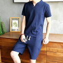 綿麻セット リネン メンズ 夏服 2点セット 上下セット セットアップ 半袖シャツ ハーフパンツ スエット カジュアル ボトムス 短パン 半ズボン ジャージ 軽...