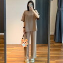 夏服 2点セット レディース 上下セット セットアップ 半袖tシャツ ブラウス プルオーバー 体型カバー ロングパンツ スエット カジュアル ボトムス ジャージ...