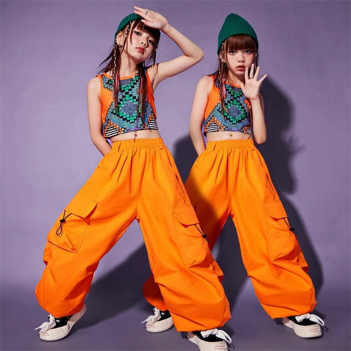 女の子 タンクトップ/パンツ 単品 ヒップホップ ダンスウェア キッズ カーゴパンツ 韓国風 K-HOP 子供..
