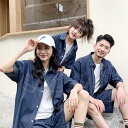 親子ペア 家族お揃い 2点セット デニムセット メンズ レディース キッズ 子供デニムセット 夏服 上下セット セットアップ 半袖シャツ+ハーフパンツ カジュア...