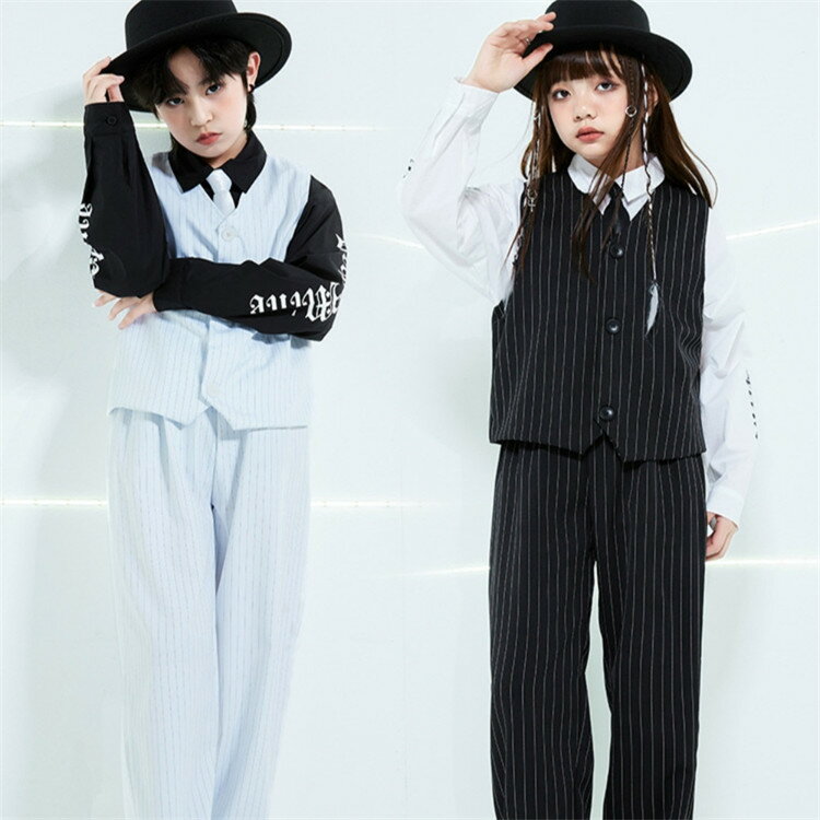 キッズダンス衣装 セットアップ 单品 シャツ ベスト ストライプ柄 パンツ 黒白 ヒップホップ 衣装 男の..