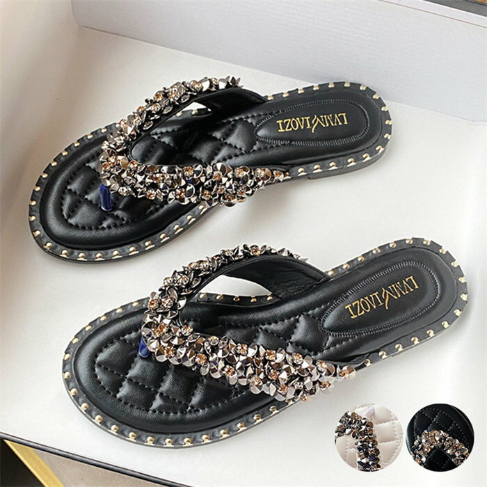 スリッパ ビーチサンダル レディース トングサンダル 春 夏 秋 ビジュー キラキラ サンダル フラットサ..