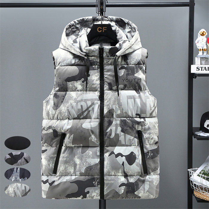 中綿ベストメンズベスト迷彩黒フード...