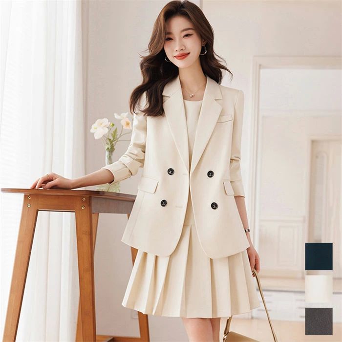 フォーマルスーツ スーツセット レディース ワンピーススーツ フォーマルセット 春 秋 ママスーツ 卒業式 入学式 セットアップ 2点セット ジャケット ロング丈 長袖 ワンピース ショート丈 プリーツ 膝上丈 ノースリーブ 上品 大人可愛い ハイウエスト きれいめ おしゃれ(4)