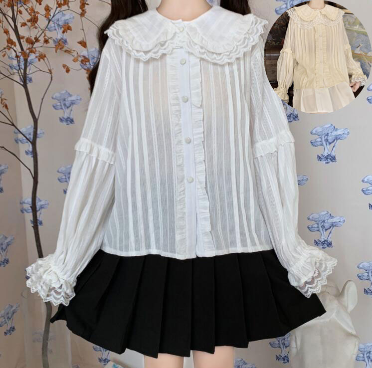 レディースシャツ 長袖ブラウス ロリータシャツ ロリータブラウス 可愛いシャツ フリル レース付き ロ..