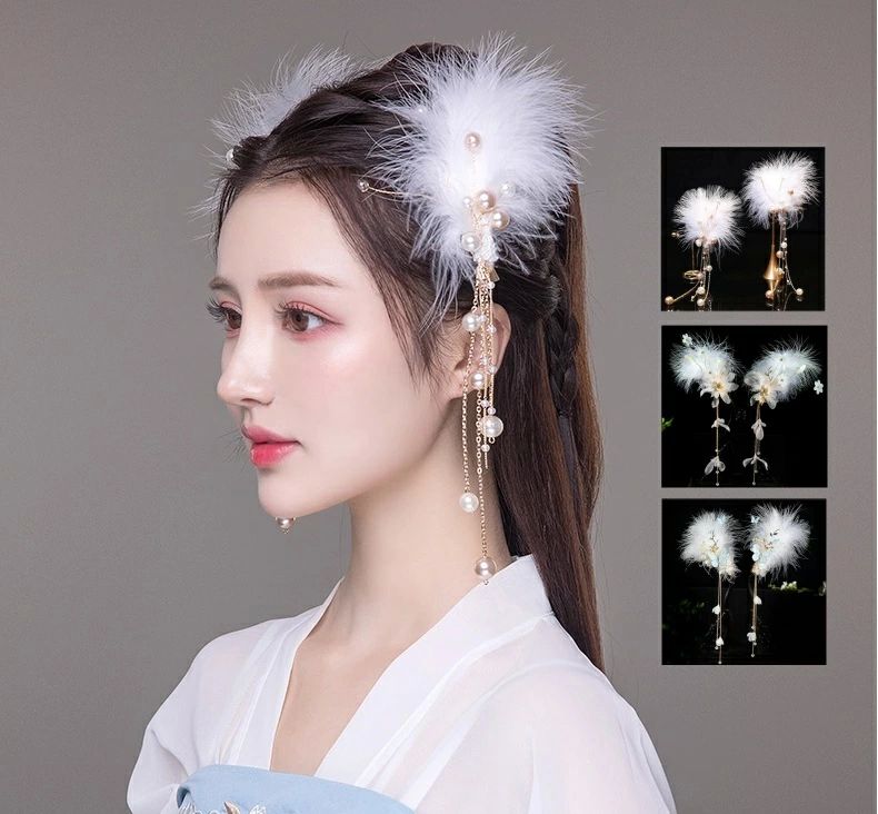 羽毛髪飾り 漢服用 ふわふわ 二個セット ヘアピン 撮影舞台グッズ カチューシャ 華流舞台ステージ用かんざし 中国風コスプレ道具 中華舞台ステージコスプレ道具 ...