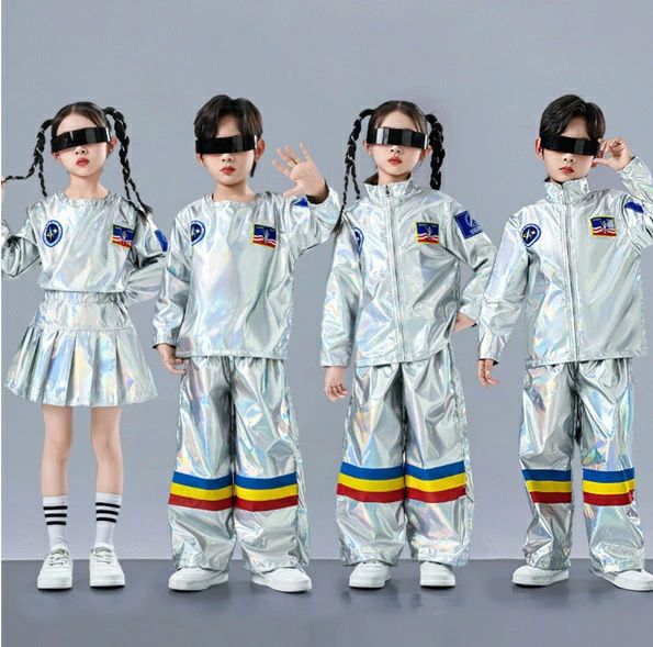 3点セット キッズ 宇宙ロボット風 舞台衣装 メガネ付き シルバー 未来感 ジャズダンス衣装 スカート/ズ..