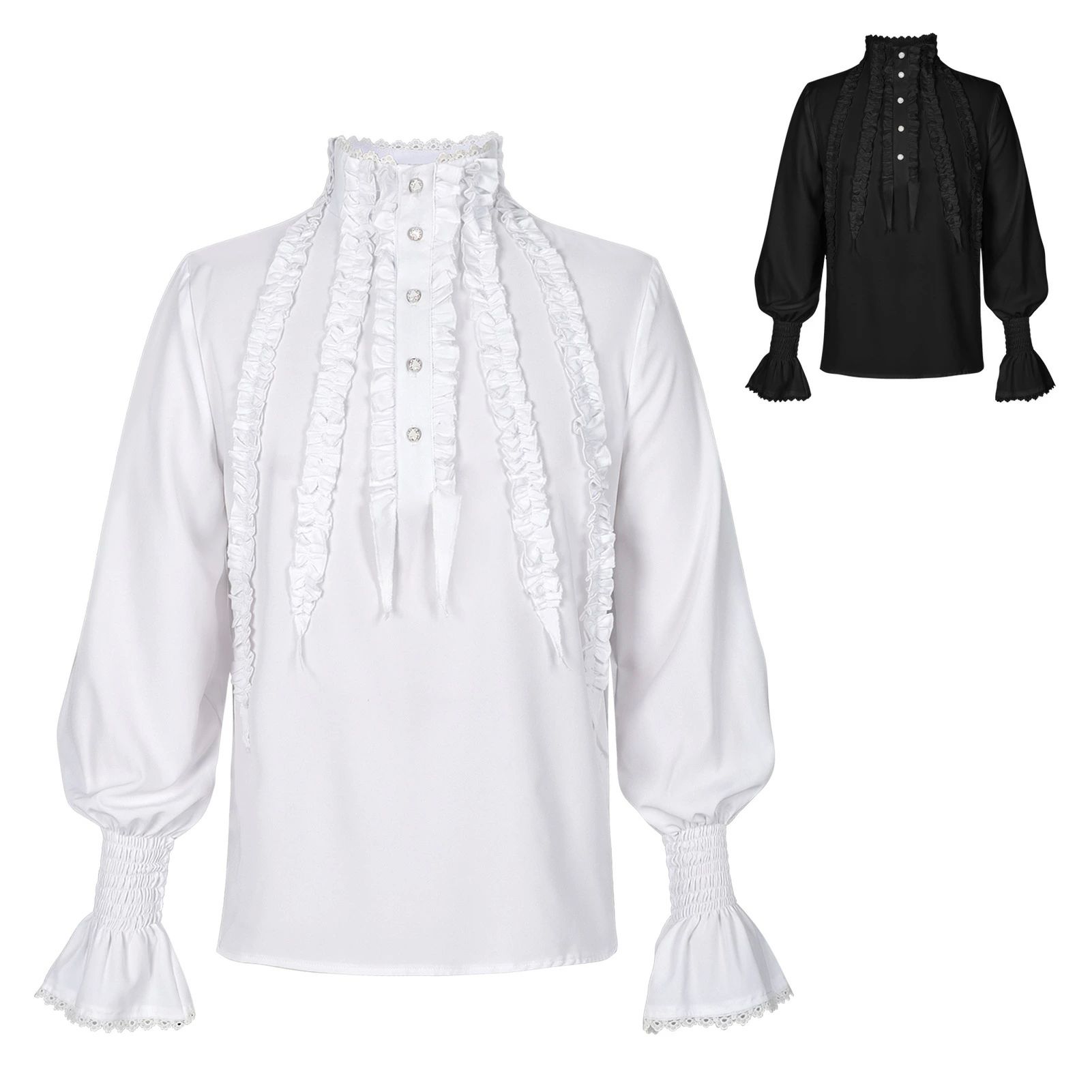 メンズシャツ ブラウス トップス スタンドカラー 長袖 レース付き フリル 前開き 中世風 ゴシック風 コスチューム衣装 舞台衣装 ハロウィン衣装 変装 仮装 ...
