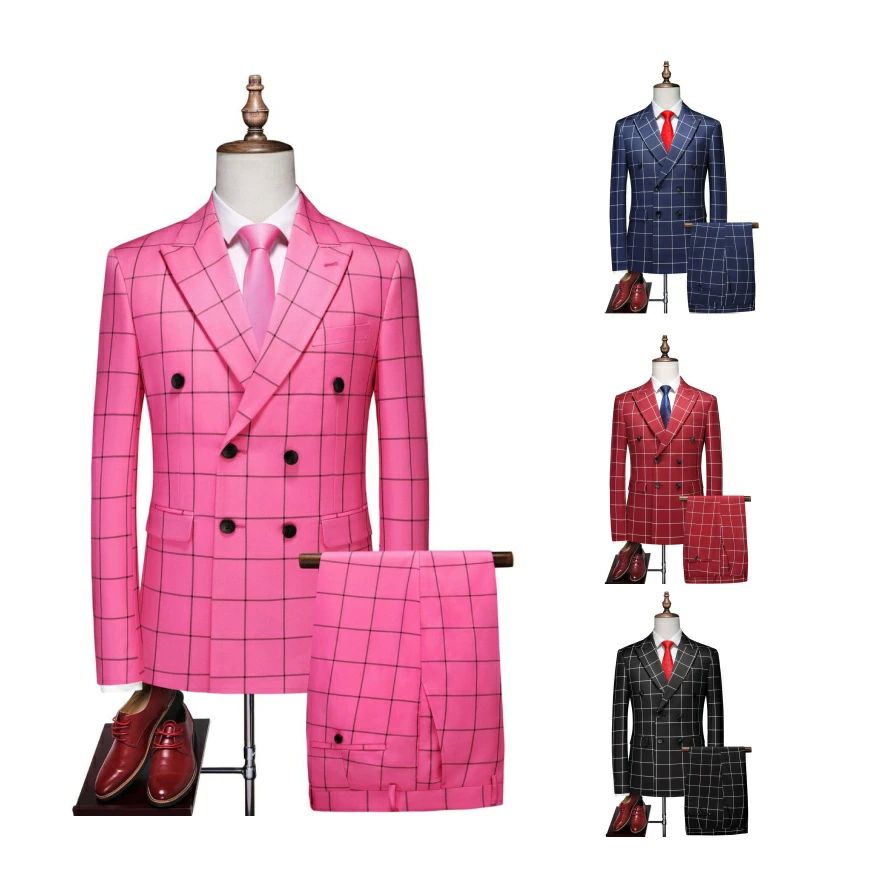 チェック柄 スーツ 上下セット メンズスーツセット ビジネス スリムフィット ダブルブレスト 礼服 結婚式 披露宴 コスチューム スーツジャケット タキシードジ...