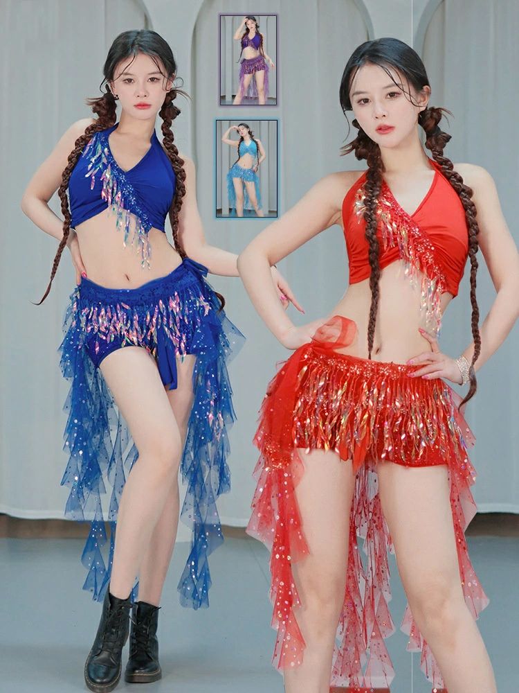 ベリーダンス衣装 ヒップスカーフ スパンコール フリル 不規則 上下セット トップス ボトムス レディー..