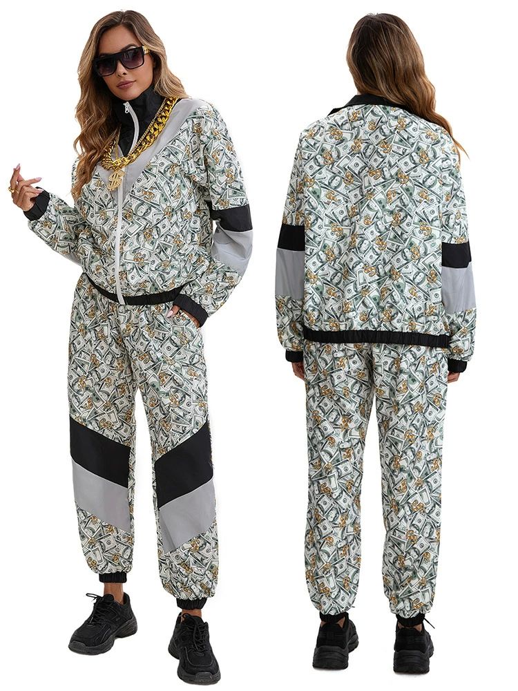 舞台衣装 ヒップポップ衣装 プリントジャケッ ロングパンツ 長袖セット ダンス衣装 レディース 前開き ..