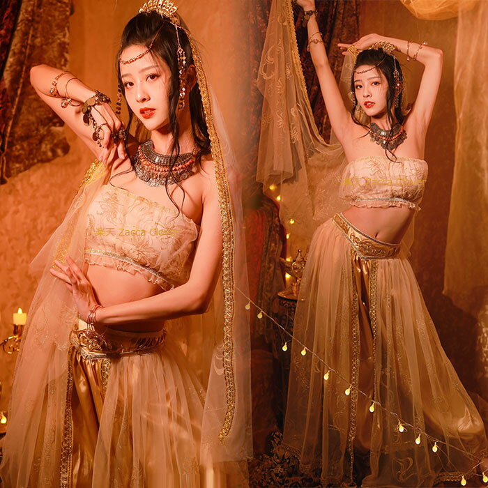 ハロウィン コスプレ衣装 ダンス衣装 ベリーダンス 衣装 セット アラビアン衣装 全身セット(ノースリーブ/パンツタイプ) コスプレ アラジン コスチューム ステージ ハロウィン 仮装 余興 イベント 衣装 ゴールド
