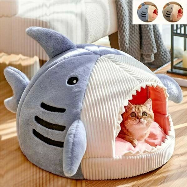 猫ベッド 犬ベッド ペットベッド ネコ ウサギ ふわふわ あったか ペットクッション 可愛い かわいい ドーム サメ ペット用品 ハウス 寝具 柔らかい 寝心地 インテリア おしゃれ ブルー グレー ec091t2t2m3