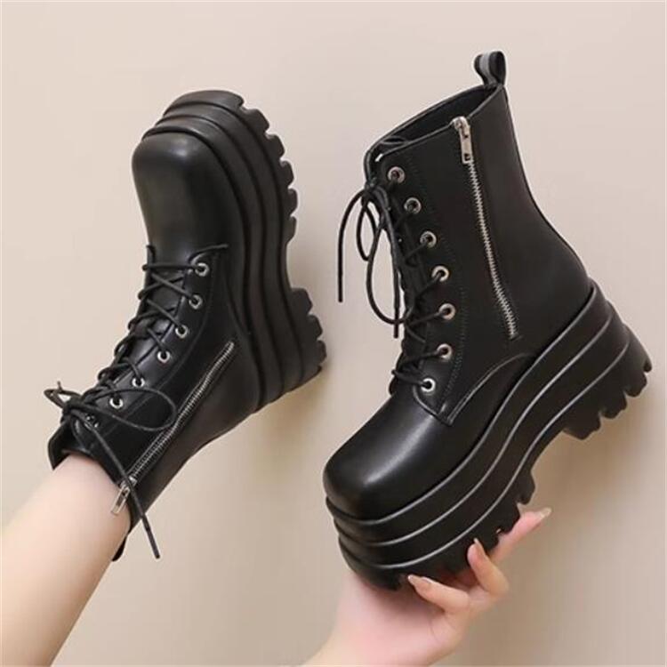 ショートブーツ 8.5cmUP レディース 編み上げ　かっこいい　太ヒール レディース レースアップ ショー..