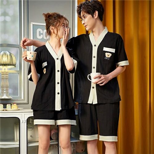 【男女2着セットの価格】ペア パジャマ 半袖 夏 前開き メンズ ルームウェア 外出 レディース 綿 ペア..