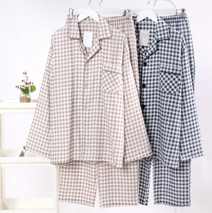 ペアパジャマ ペアルック パジャマ カップル ルームウェア チェック柄パジャマ 長袖 春夏 春秋 部屋着 寝間着 ダブルガーゼ ガーゼパジャマ 前開き ナイトウェア ギフト レディースパジャマ メンズパジャマ M-XL 4色