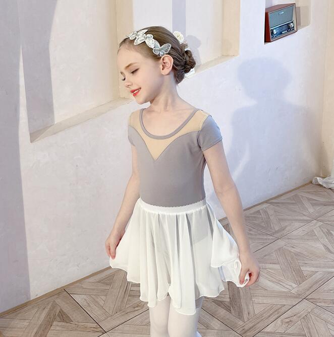 バレエ レオタード 子供 バレエダンス衣装 レオタード＋シフォンスカート 2点セット バレエ 新体操 練功服 キッズバレエ衣装 半袖/長袖ブ ホック付き レオタード グレー