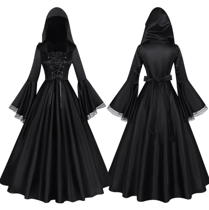 レディース ハロウィン コスプレ衣装 ゴシック 暗黒風 ワンピース マキシ丈 フレアワンピース フード付き レースアップ フレア袖 ワンピース 魔女 悪魔 吸血...