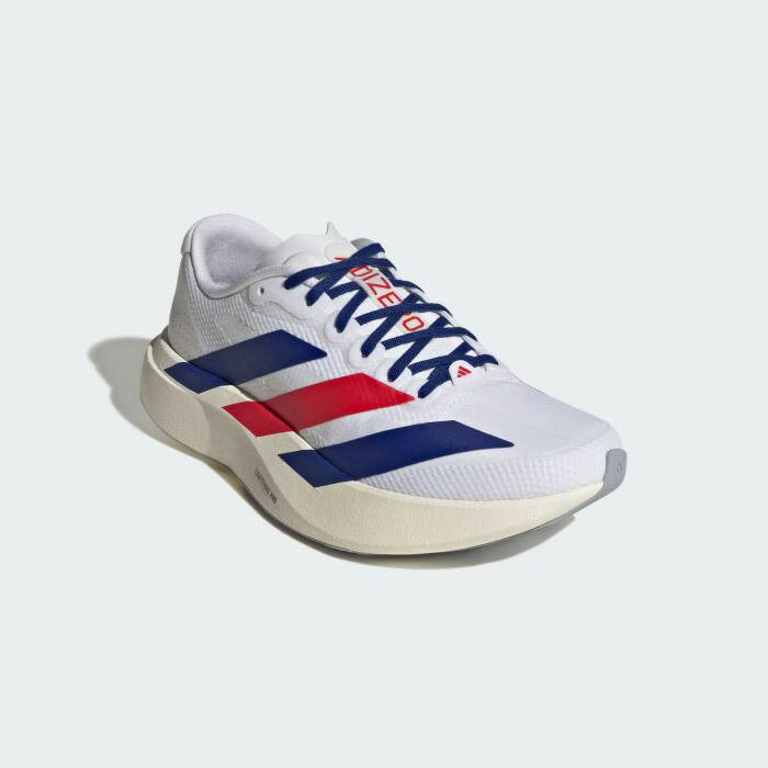 商品詳細記録を打ち立てたEVO 1からインスピレーションを得たAdizero EVO SL WOVEN（アディゼロ EVO SL ウーブン）シューズは、スピードと汎用性を求める人のためにデザインされています。軽さとスピード。adidasのLightstrikeProは、ダイナミックで軽量な動きのために設計された超軽量ミッドソールで、次世代のスピードを再定義します。ラバーアウトソールは、様々な路面で信頼性の高いグリップ力を発揮します。軽量なテキスタイルアッパーにより、ぴったりとしたフィット感を提供します。テキスタイルライニングが快適さをさらに高め、クラシックなadidasの3ストライプスがタイムレスでありながらモダンなルックスを与えています。トラックでの全力疾走からリラックスしたランニングまで、このランニングシューズは快適な動きをサポートするように作られています。シューレースを結んで、adidasが生み出す違いを体感してください。仕様レギュラーフィットシューレーステキスタイルアッパーテキスタイルライニングLIGHTSTRIKEPROミッドソールラバーアウトソールカラークラウドホワイト / ミステリーインク / ピュアルビー ※ブラウザやお使いのモニター環境により、掲載画像と実際の商品の色味が若干異なる場合があります。※商品詳細画像は今シーズン展開外カラーを掲載していることがあります。※掲載の価格・デザイン・仕様について、予告なく変更することがあります。あらかじめご了承ください。 ※店頭併売商品のため色褪せ、変色等がある場合がございます。気になる場合はお問い合わせください。　
