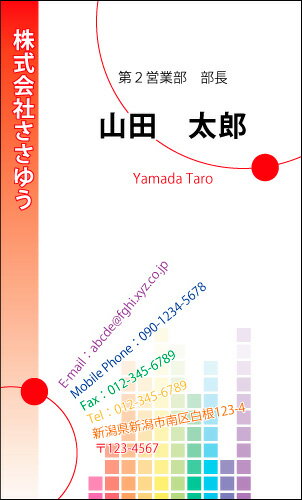 ※通常、イメージ確認OKのご返事をいただいてから3営業日以内に出荷いたします。 【印刷内容の入力方法】 ・買い物かごに入れた後、【注文内容の確認】画面の「備考欄」で印刷したい内容をご入力下さい。 【書体に関するご注意】 作業開始後の書体変更はできません。 ご注文時に慎重にお選び下さい。 【イメージ確認用メールに関するご注意】 当店よりお送りしたメールが「迷惑メールフォルダ」等に自動的に振り分けられてしまう事例が最近増えております。 当店からのメールが届いていないと思われた場合は、「受信トレイ」以外のフォルダもチェックしてください。 名刺・封筒・伝票ご注文ガイドはこちら→ ●用紙サイズ：55mm×91mm ●枚数：100枚入／1個お客様の雰囲気やイメージに合った書体に変更できます。 お好きな書体を8種の中からお選びください。[→書体一覧] 用紙を変えることで名刺の雰囲気が変わります。 6種の中からお選びください。[→用紙一覧] 名刺に、お客様の会社や所属団体等のロゴをお入れいたします。[→詳しくはこちら] ※ロゴの画像はお客様の方でご用意いただきます。