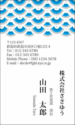 ※通常、イメージ確認OKのご返事をいただいてから3営業日以内に出荷いたします。 【印刷内容の入力方法】 ・買い物かごに入れた後、【注文内容の確認】画面の「備考欄」で印刷したい内容をご入力下さい。 【書体に関するご注意】 作業開始後の書体変更はできません。 ご注文時に慎重にお選び下さい。 【イメージ確認用メールに関するご注意】 当店よりお送りしたメールが「迷惑メールフォルダ」等に自動的に振り分けられてしまう事例が最近増えております。 当店からのメールが届いていないと思われた場合は、「受信トレイ」以外のフォルダもチェックしてください。 名刺・封筒・伝票ご注文ガイドはこちら→ ●用紙サイズ：55mm×91mm ●枚数：100枚入／1個お客様の雰囲気やイメージに合った書体に変更できます。 お好きな書体を8種の中からお選びください。[→書体一覧] 用紙を変えることで名刺の雰囲気が変わります。 6種の中からお選びください。[→用紙一覧] 名刺に、お客様の会社や所属団体等のロゴをお入れいたします。[→詳しくはこちら] ※ロゴの画像はお客様の方でご用意いただきます。