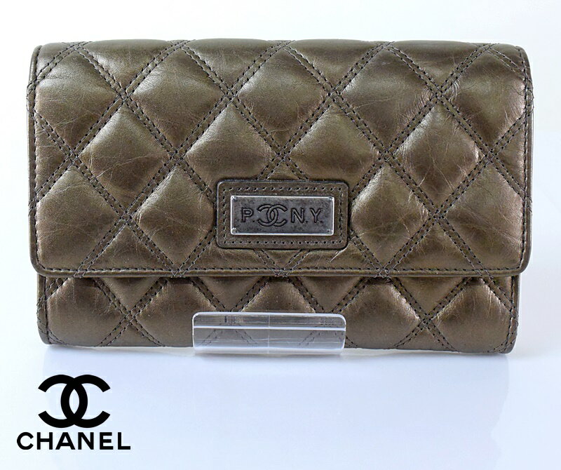 送料無料 CHANEL シャネル 二つ折り財布 ブロンズカラー プレート付き レディース財布 マトラッセ ゴールド 【中古】