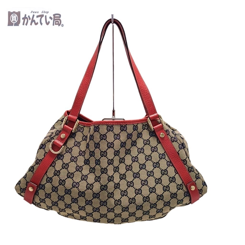 GUCCI グッチ GGキャンバス トートバッグ 130736 ベージュ×レッド キャンバス×レザー マチ有り 布袋有り ハンドバッグ レディースバッグ 【中古】