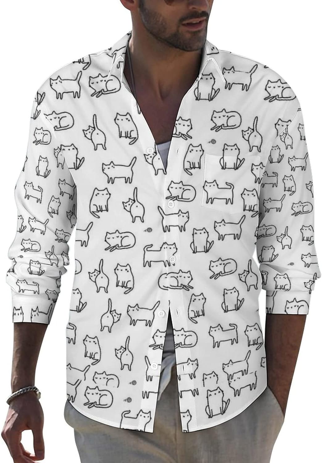 ハワイアンシャツ メンズ 猫柄 ネコ シャツ ワイシャツ 長袖 開襟シャツ カジュアル ビーチシャツ アロ..
