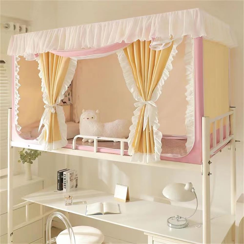 蚊帳 学生寮 上段と下段蚊帳 シングルベッド 室内カーテン ベッドテント プライバシーテント 通気性 遮光 防虫 防蚊 防塵 多機能 取り付けが便利 (ピンク+イエロー 90*190*110(上段))