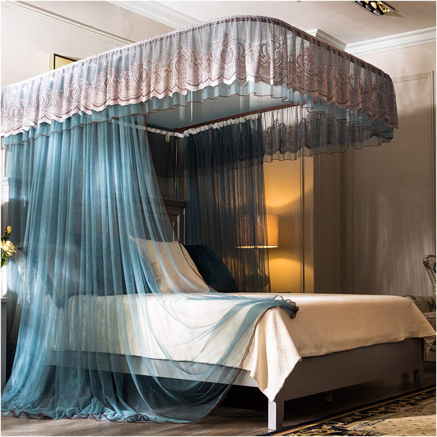 天蓋カーテン 「U」字型のメタルダブルトラック付きベッドカーテンキャノピー女の子用プリンセスベッド..