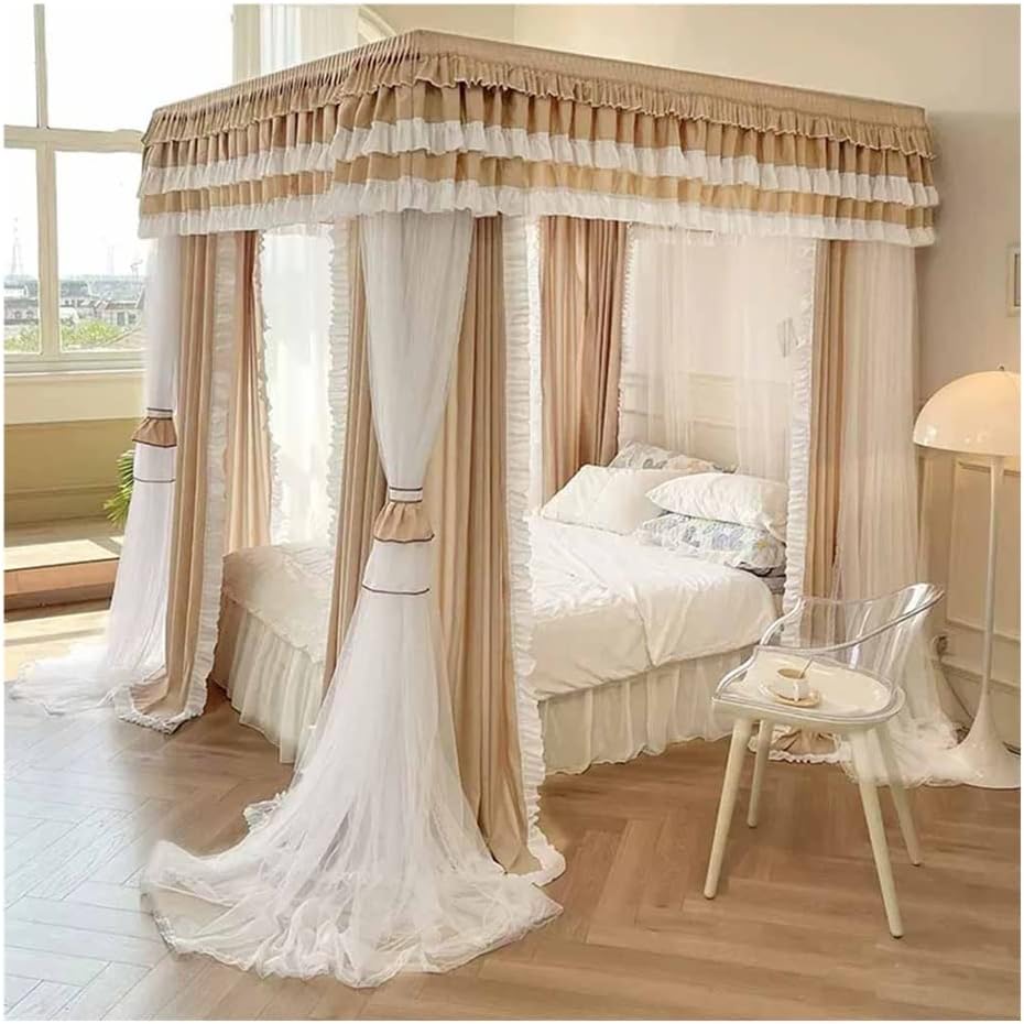 天蓋 4極ベッドキャノピー、ベッドルーム遮光ベッドカーテン - ステンレススチールポールサポート、四..