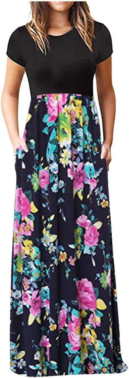 ワンピース レディース マキシ ワンピース 半袖 リゾート ロング シフォン クルーネック きれいめ 大きいサイズ ロングドレス プリント カジュアルワンピース お呼ばれ 韓国ファッション パーティー