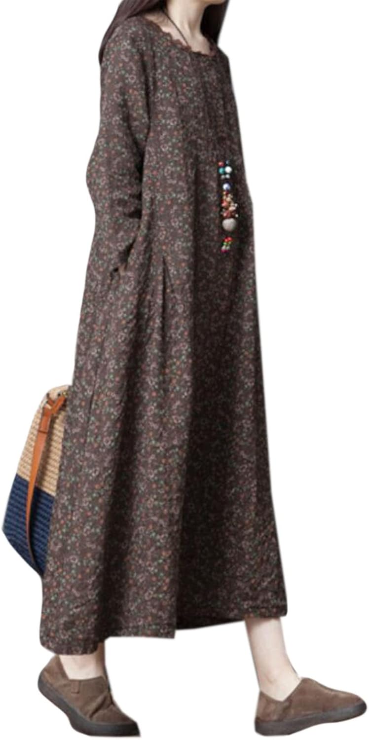 リネン ワンピース レディース マキシ丈 チュニック ふんわり 長袖 フレアワンピース ゆったり 花柄ドレス 大きいサイズ カジュアル 原宿系