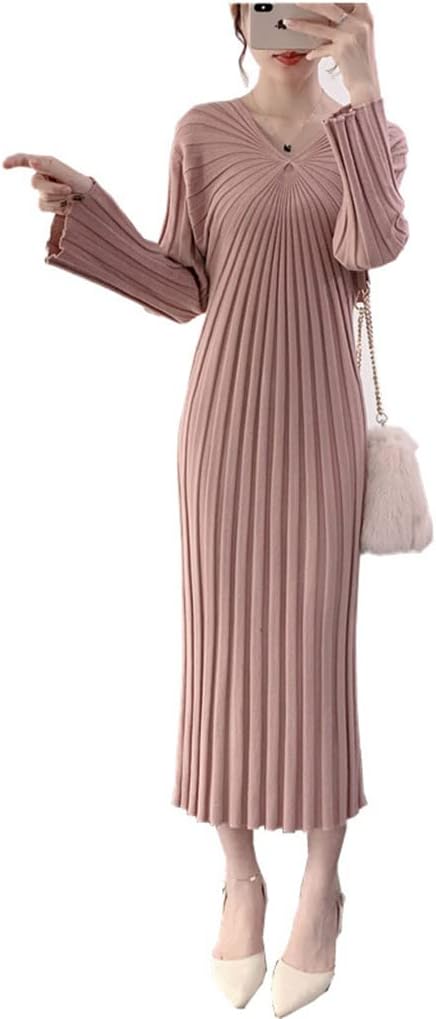 ワンピース レディース マキシ丈 ロングワンピース ニットワンピース タイト スリム インナーワンピ 長袖ワンピース セクシー Vネック 春 秋 ロングセーター 無地 カジュアル ドレス ゆったり 体