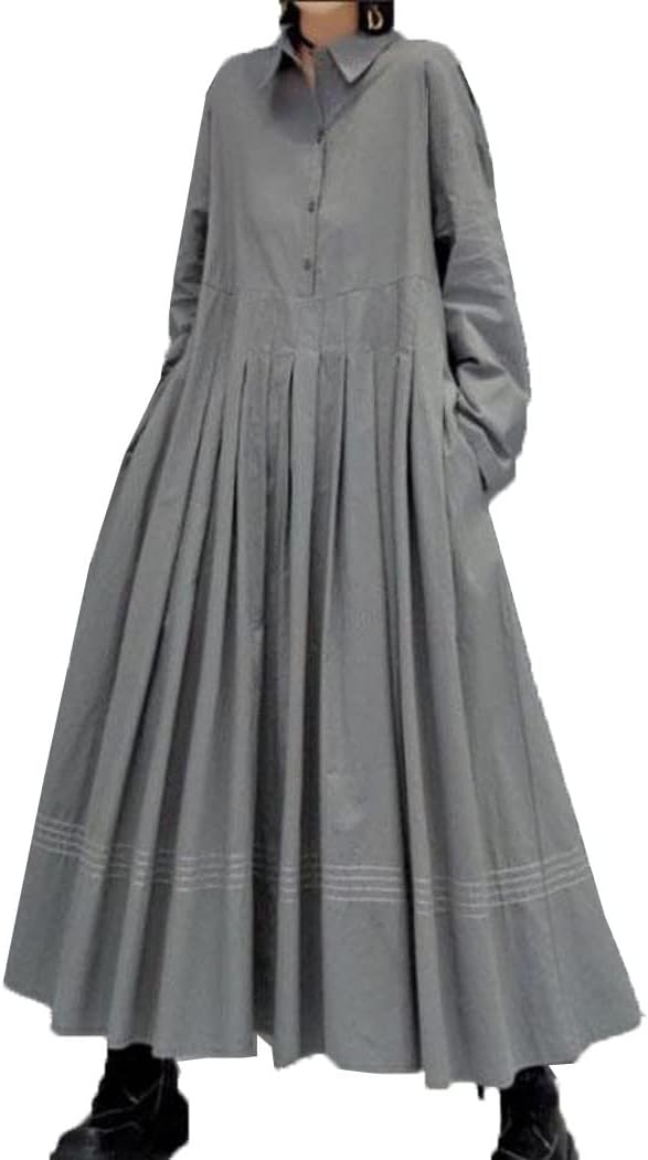 レディース シャツワンピース ロングワンピース ワンピース プリーツワンピース マキシワンピース ドレス フリルワンピース フレア 普段着 ミモレ丈 ギャザー 長袖 マキシ丈 ボタン カジュアル ゆっ