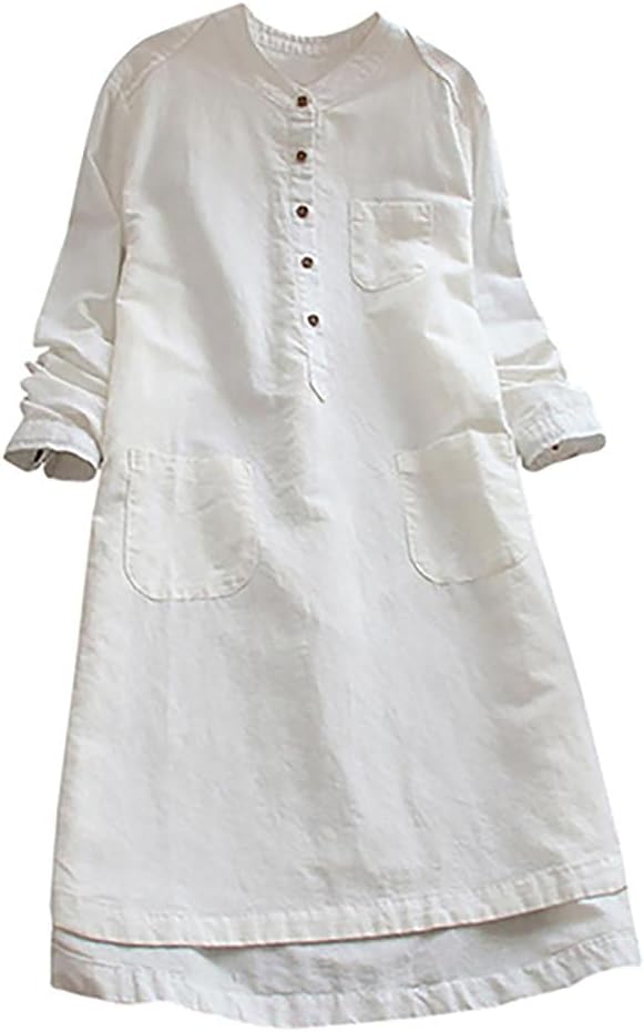 多色 ボタンワンピース レディース シャツ 森ガール 無地 半袖 長袖 ドレス リネンワンピ ポケットある 膝丈 大きいサイズ チュニック 体型カバー Aライン ボタンダウン ゆったり カジュアル 着