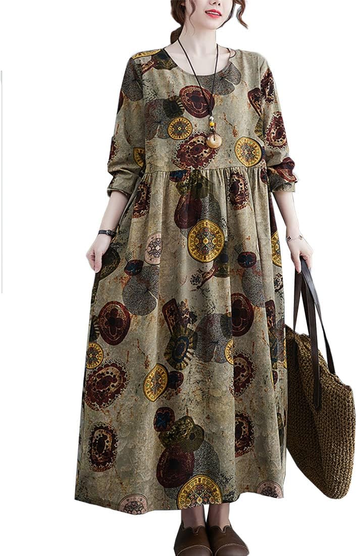 綿麻ワンピース レディース 花柄ワンピース 夏ワンピース マキシワンピース ロングドレス サマードレス ワンピース ラウンドネック リゾート 可愛い 長袖 フレア ゆったり カジュアル 民族風 部屋着