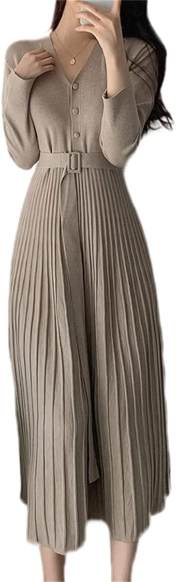 ニットワンピース レディース ワンピース ドレス プリーツ ハイウエスト 長袖 ベルト付き フレアスカート マキシ丈 ゆったり カジュアル きれいめ オシャレ 着痩せ 大人 通学 通勤 普段着 春 秋