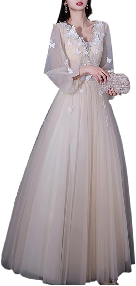 パーティードレス Aラインドレス 大きいサイズ ロング ゆったり 長袖 Vネック ハイウエスト 刺繍 上品 ..