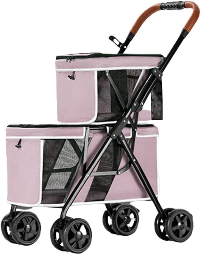 ペットカート 2匹の犬用のベビーカー 4輪前輪360°回転 安全装置付 ドッグカート 後輪ブレーキ機能 小型犬 中型犬 老犬 介護用 組み立て簡単 軽量 耐荷重20kg (Color : Pink)