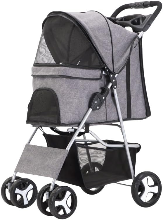 ペットカート ベビーカー 犬 バギー:小型犬 中型犬 猫 多頭 カート 4輪 軽量コンパクト 前輪360°回転 後輪ブレーキ付き 折りたたみ 組み立て簡単 耐荷重15Kg (K)