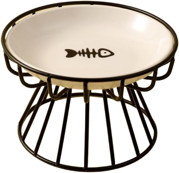 大面積フードボウル猫 食器 猫 えさ 皿 フードボウルスタンドセット 猫柄 陶器 えさ入れ ごはん皿 お水..