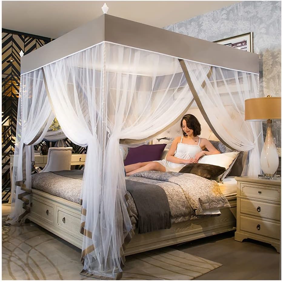 天蓋 サマーベッドキャノピーモスキートネット、メタルサポート付き4コーナーコラムベッドカーテン、シ..