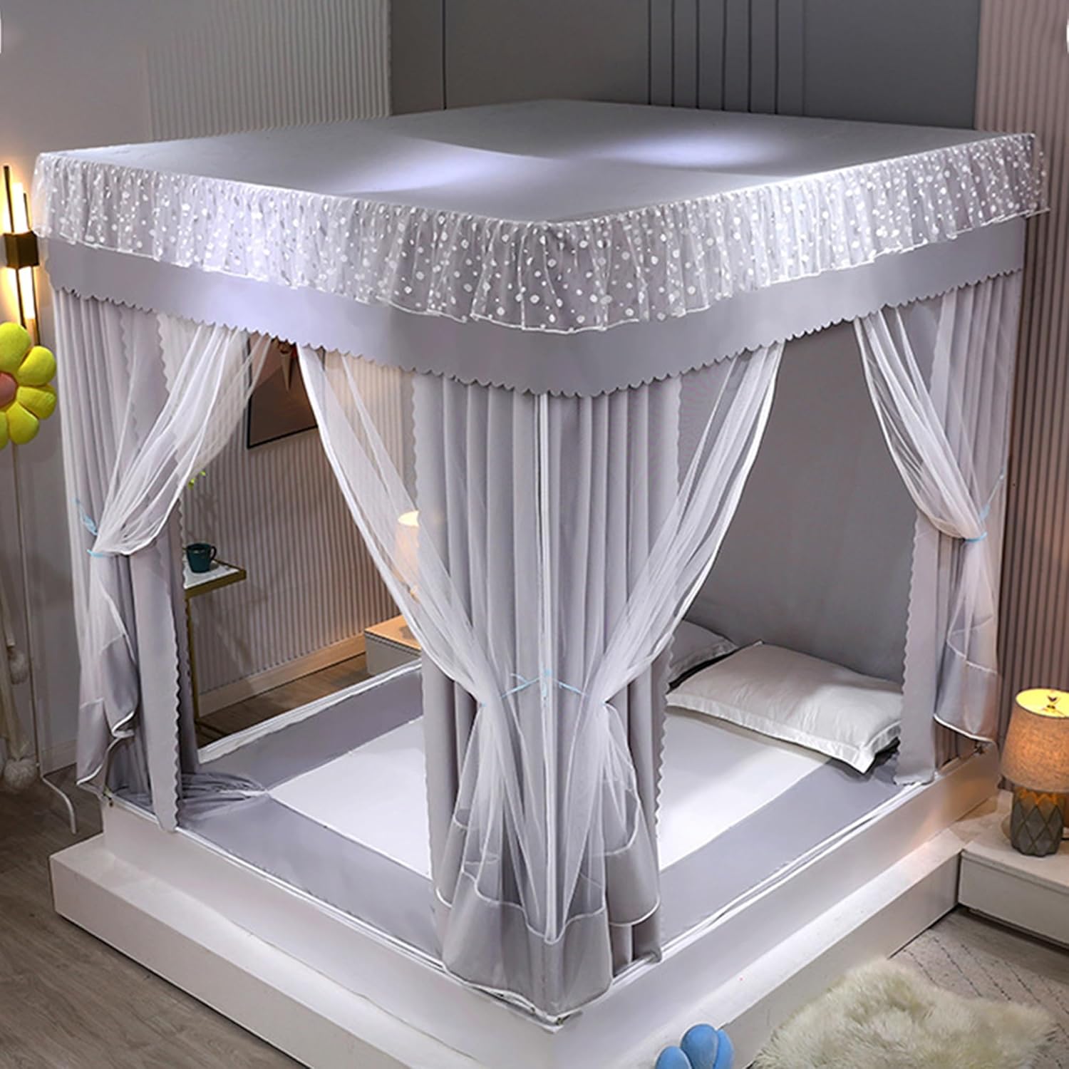 ベッドテント ツインサイズ ベッドキャノピー キングサイズ フィットシートスタイル 遮光テント 通気性メッシュベッドカーテン付き 女の子 子供用ベッド 大人用ベッドの寝室装飾(Color:Gray S