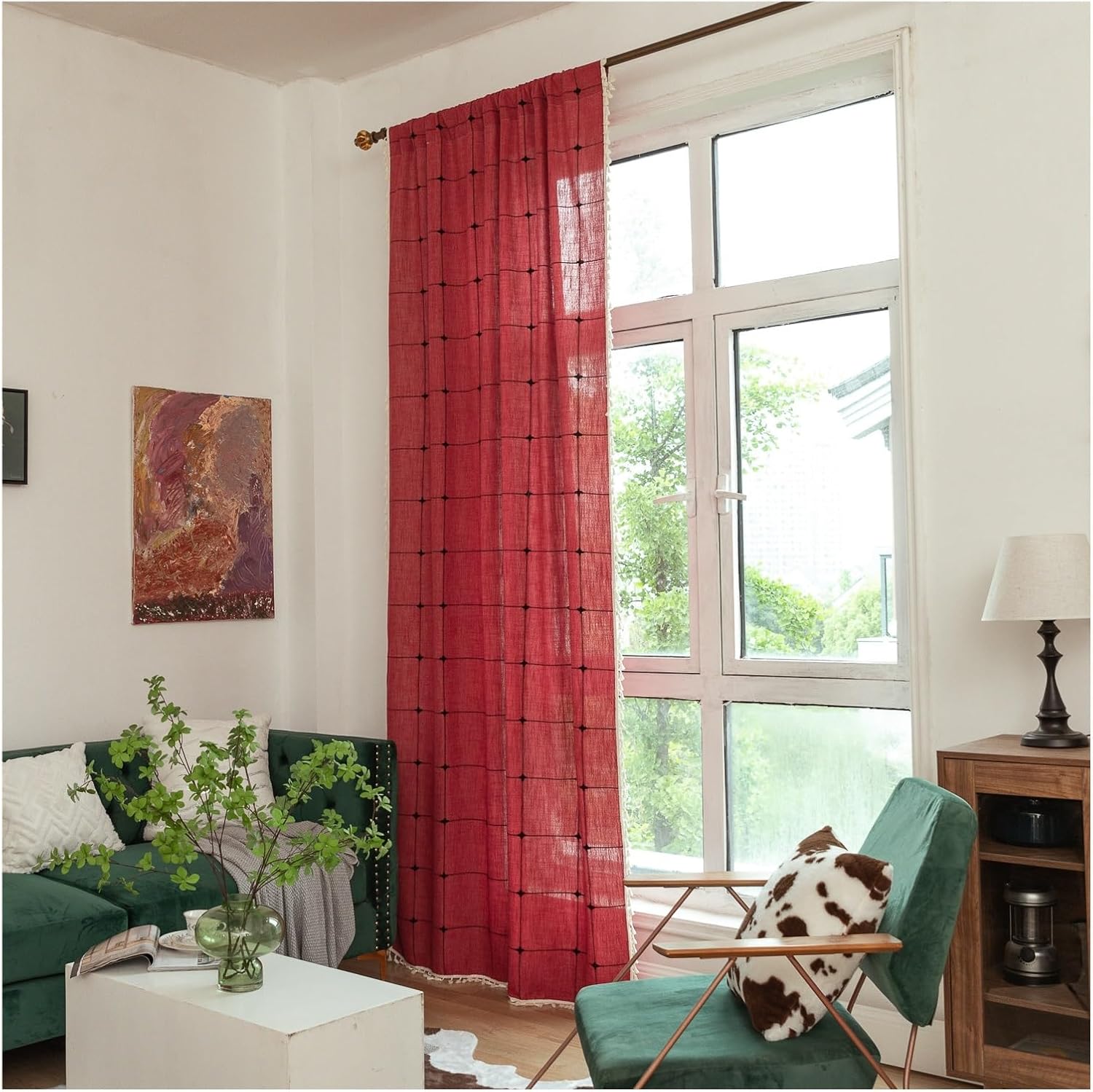 ソリッドカラーチェック柄ファームハウス遮光カーテン、刺繍コットンリネンカーテン、ウィンドウバラン..