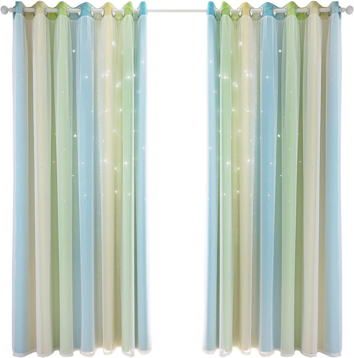 断熱カーテン2pcカーテンシンプルグラデーション中空スターパターンダブルレイヤーブラックアウトベッ..