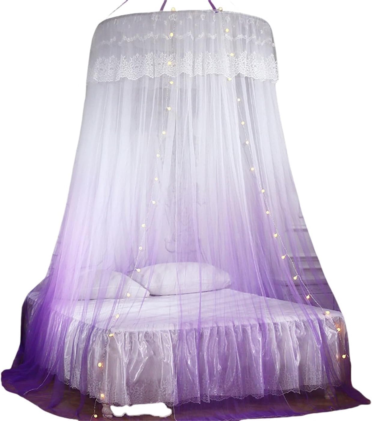 天蓋蚊帳 天蓋カーテン ベッド 円形蚊帳 吊り下げ モスキートネット イルミネーション 着地式 キャノピ..