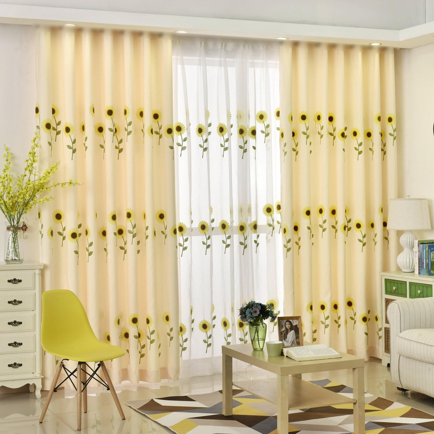 遮光カーテン 花柄 窓カーテン かわいい 刺繍 ひまわりカーテン 2枚セット 遮熱 断熱 節電対策 通気性 UVカット洗濯可 フック シンプル リビングルーム カントリー調 田舎風 子供用ベッドルーム